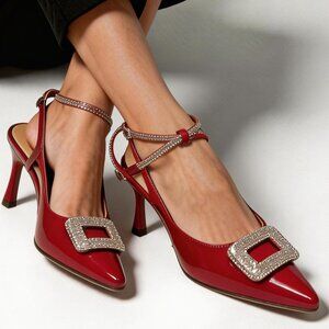 TOP Moda Red Patent Slingback Heels with Crystal Buckle NWOT